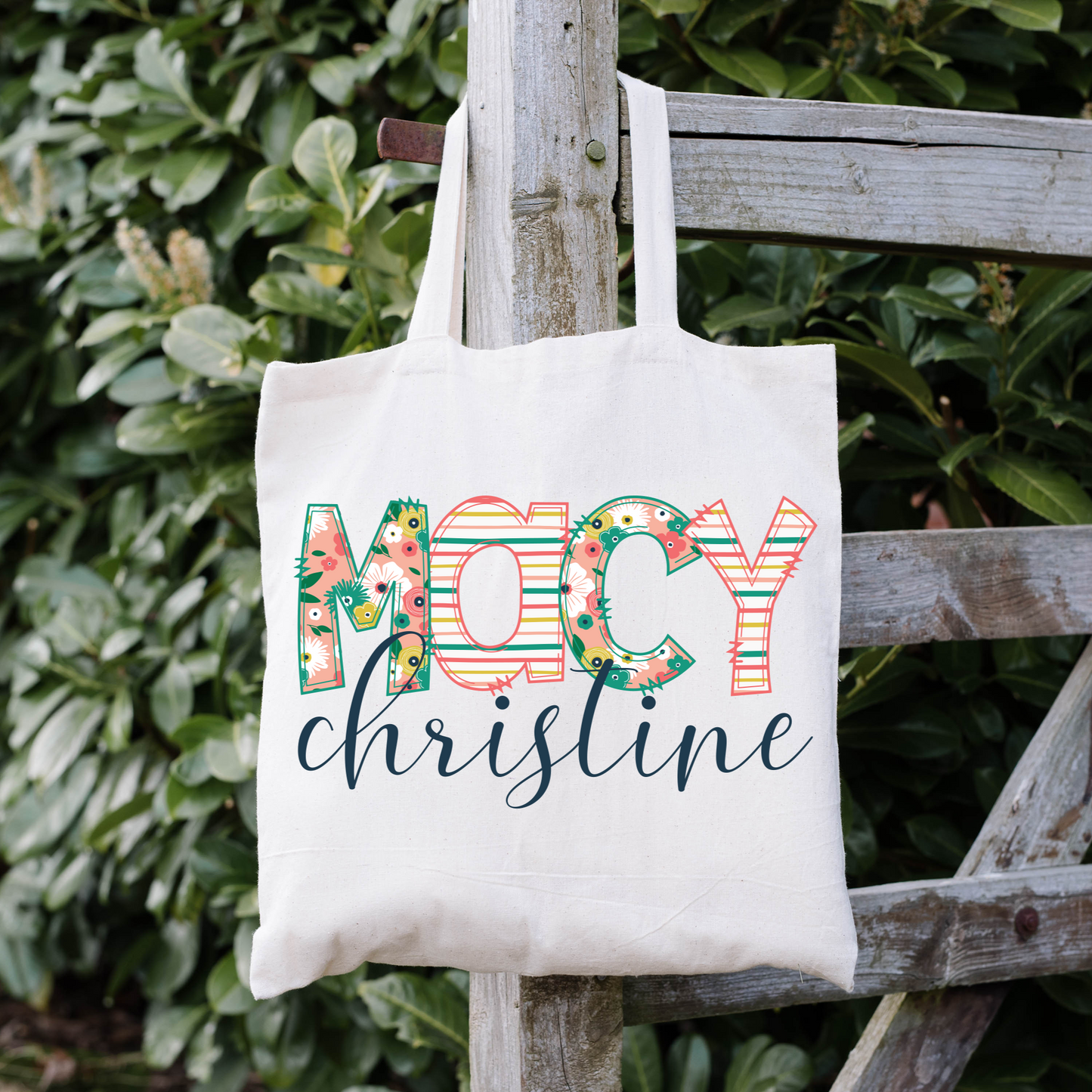 Girls Name Floral Print Canvas Tote Bag