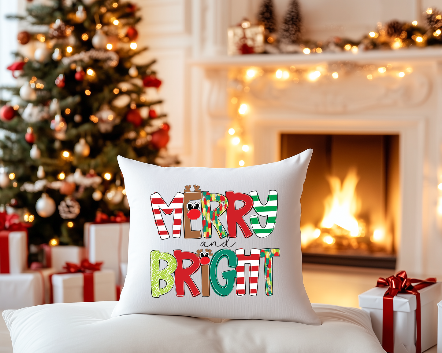 Merry & Bright Christmas Pillow Cover, Christmas Tree Pillow, Kids Christmas Pillow, Brush Stroke Christmas Pillow, Classic Christmas Pillow