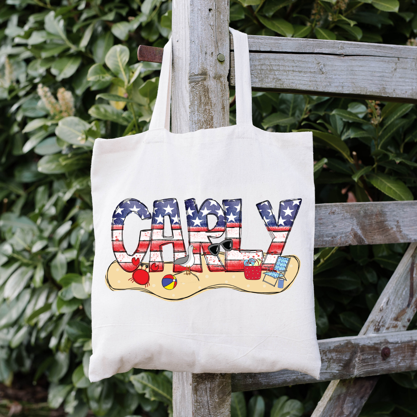 Personalized Tote Bag with American Flag Patterned Font