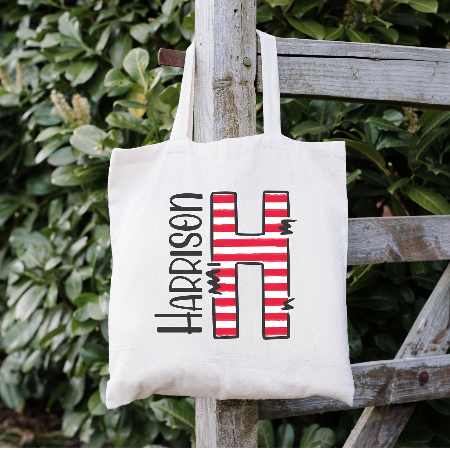 Red Striped Girls Initial Name Bag