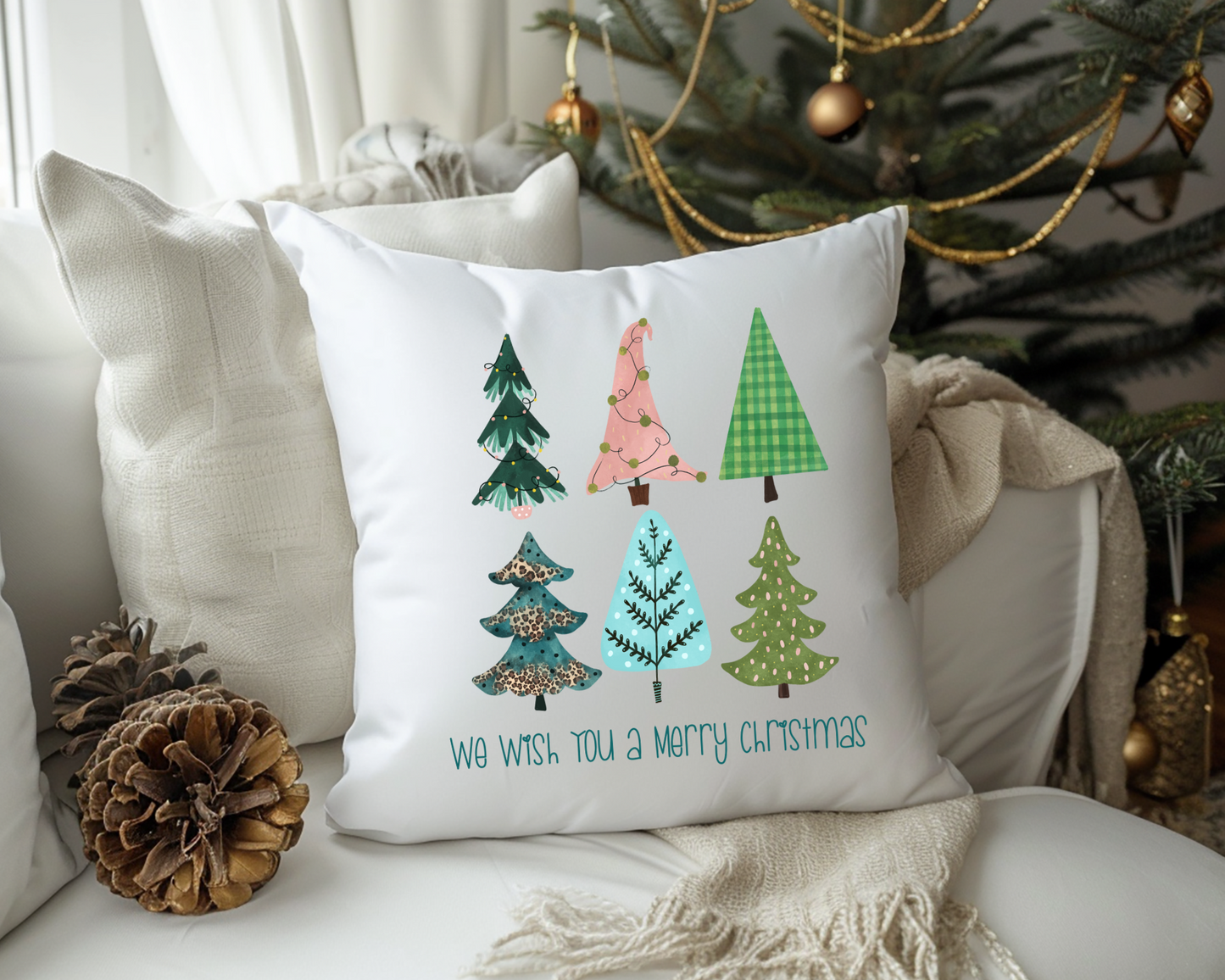 Christmas Tree Throw Pillow Cover, Colorful Christmas Tree Pillow, We Wish You a Merry Christmas Pillow Cover, Modern Christmas Trees Pillow